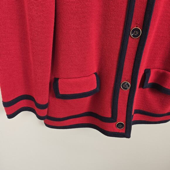 Talbots Red Knit Schoolgirl Preppy Navy Trim Fitted Cardigan Sweater Y2K L Pet - Picture 2 of 7